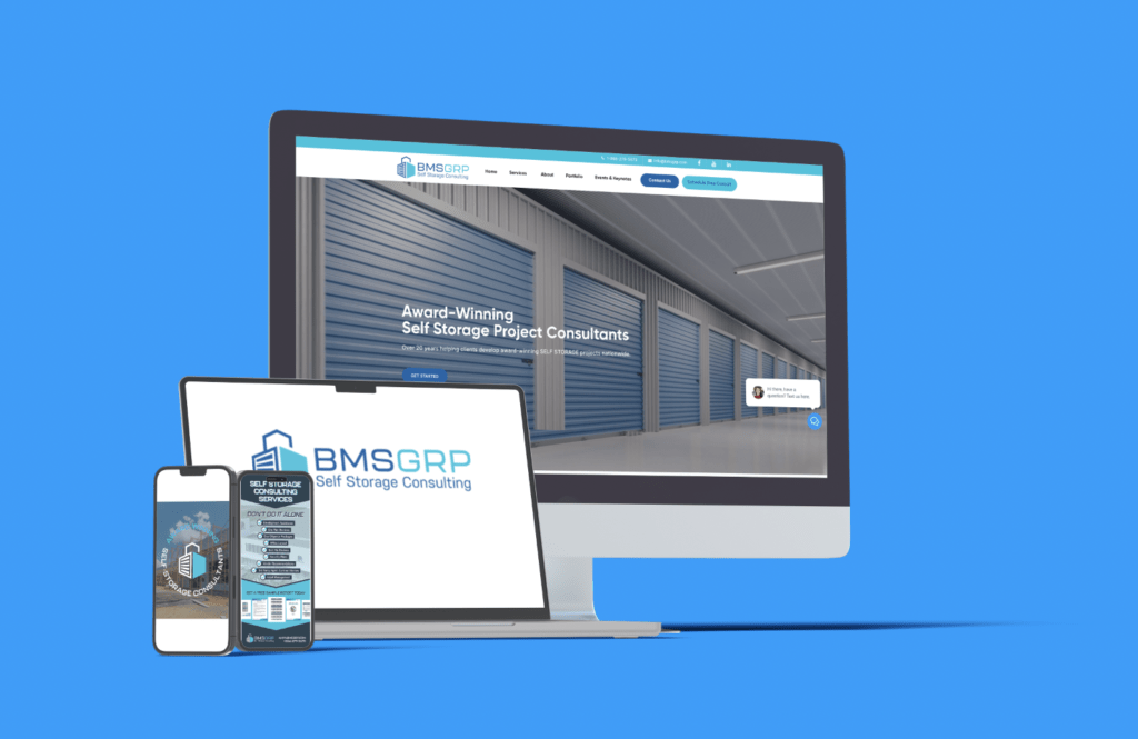 Branding and marketing mockup for BMSGRP - Self Storage Consulting. created by Matchstick Social, digital marketing agency